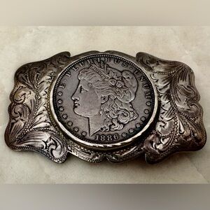 VTG OldWest Signed Morgan Smith Sterling Silver 1886 Morgan Silver Dollar Buckle